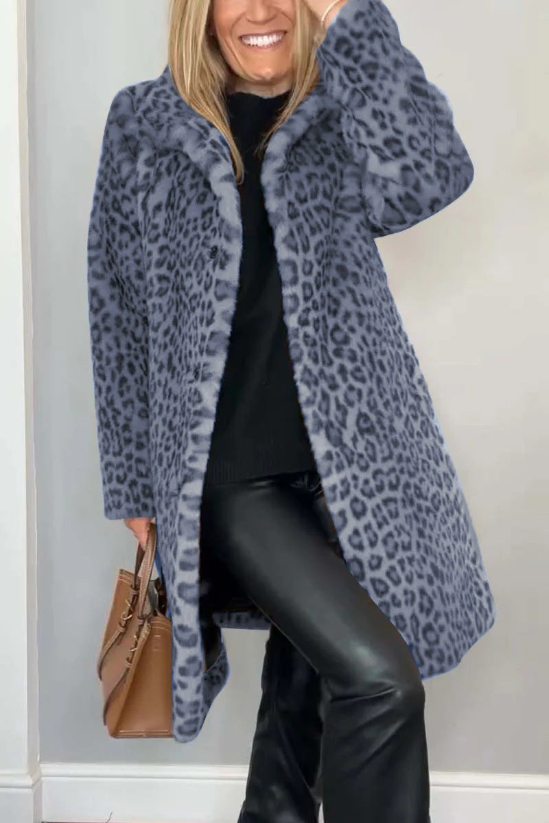 Ladies Coat – Faux Fur – Oversized Fit – Notched Collar – Leopard Print