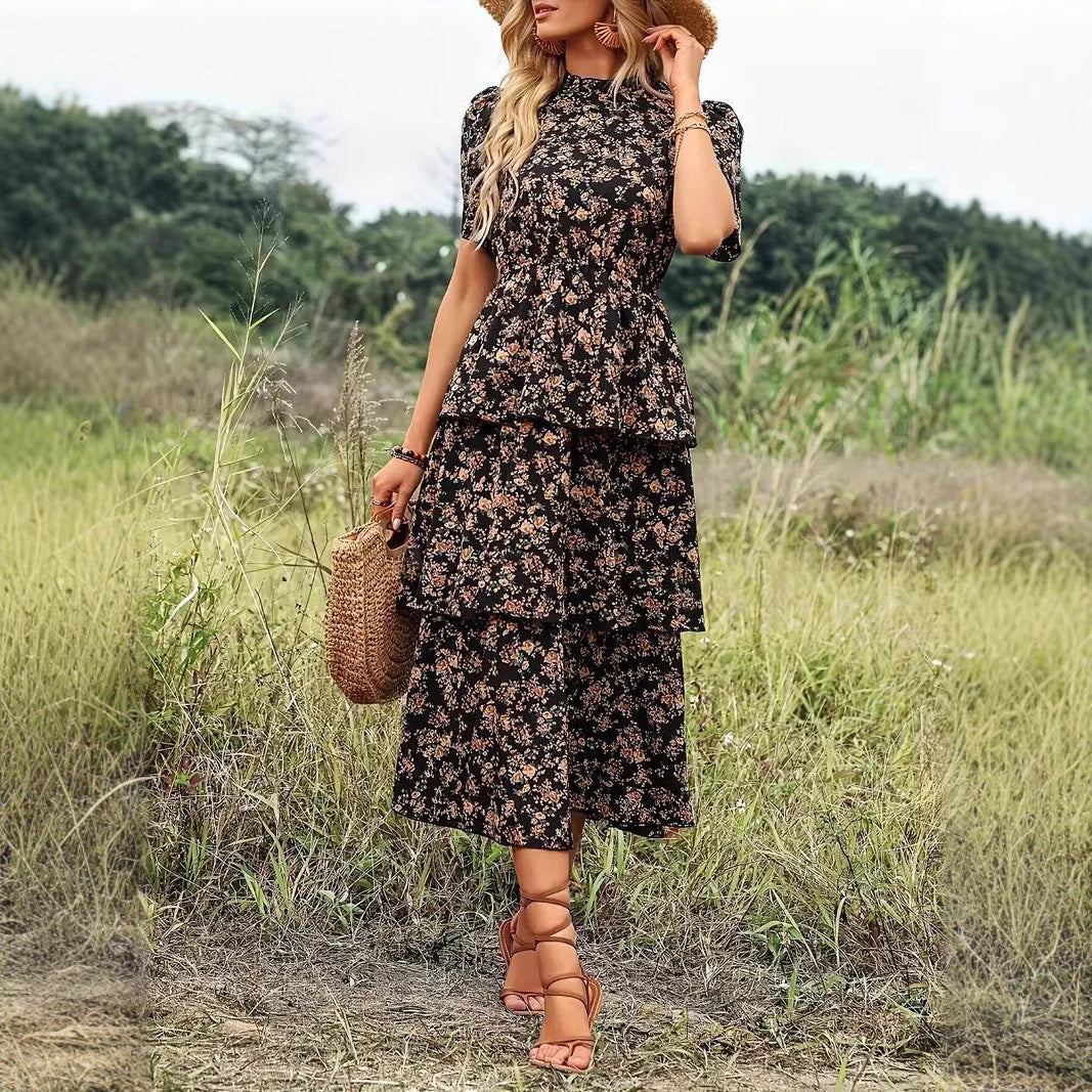 Women's midi dress – Floral print – Flowy fit – Puff sleeves – Layered design