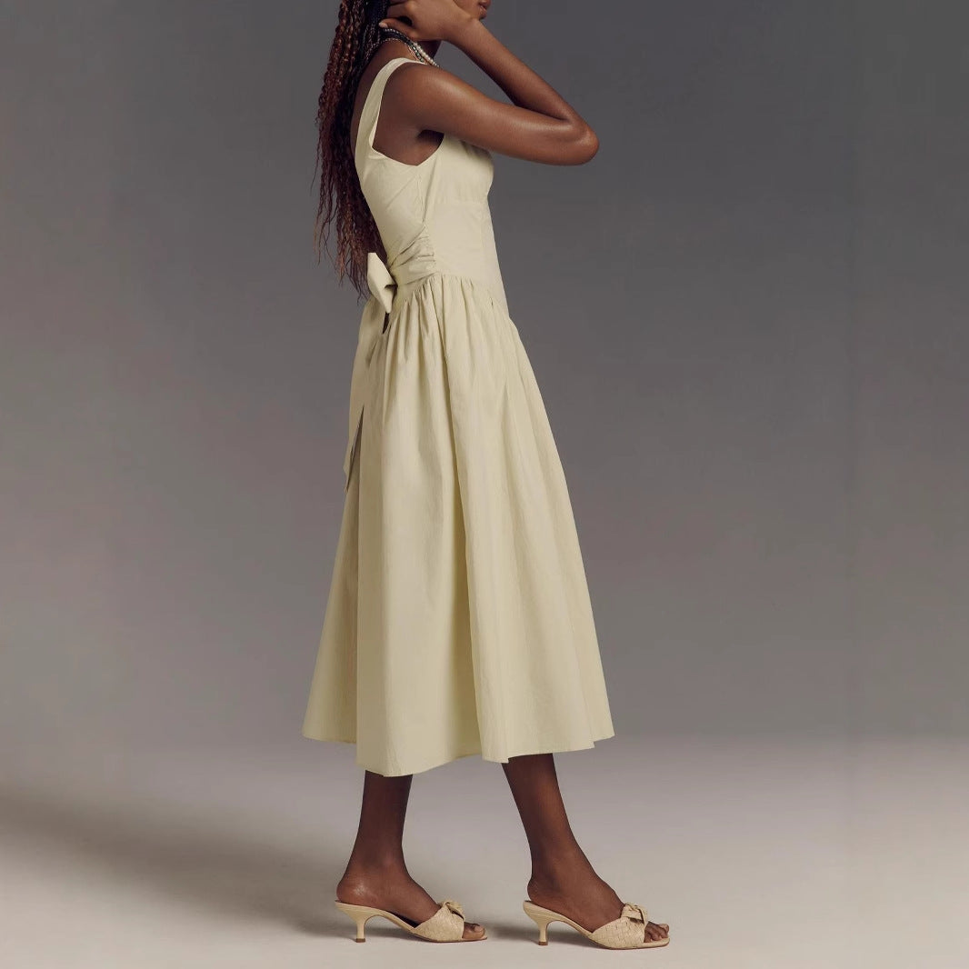 Women's Midi Dress – A-line Fit – Open Back with Bow – Square Neck – Airy Fabric