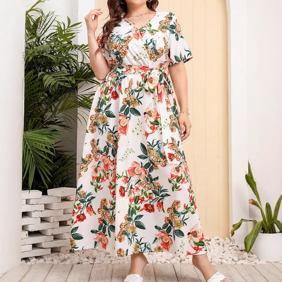 Ladies Midi Dress – A-line Fit – V-neck – Short Sleeve – Floral Print – With Belt