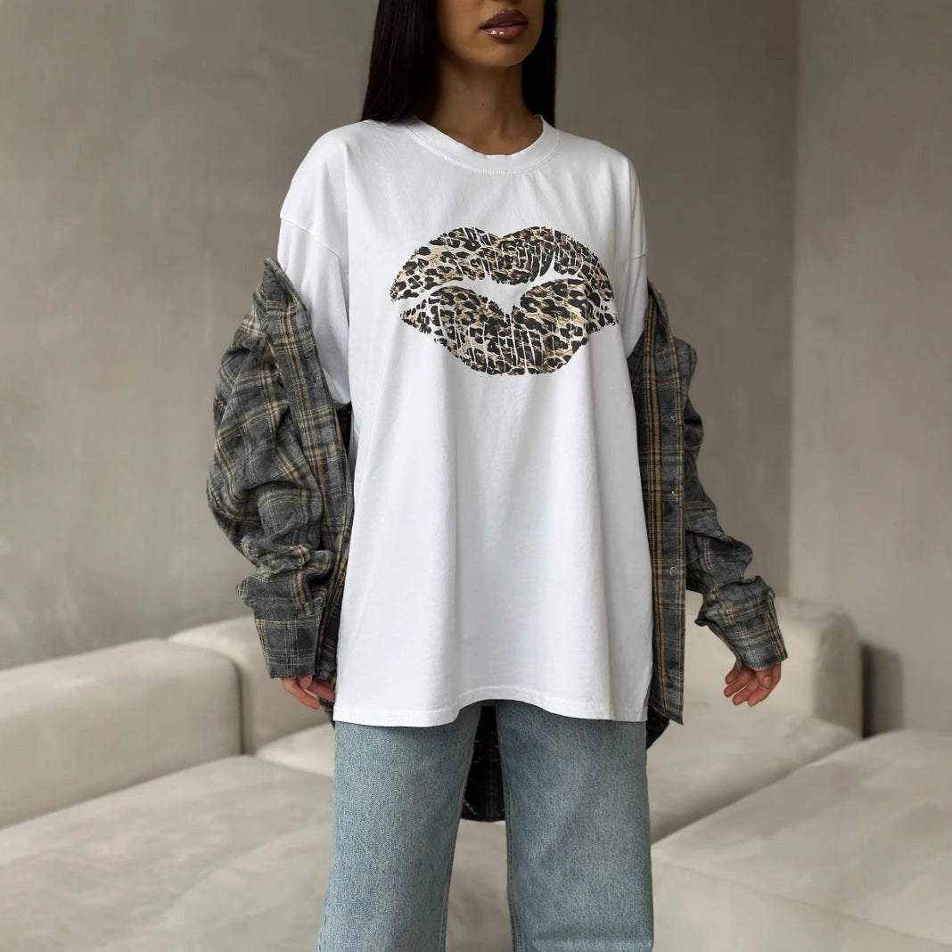 Ladies T-shirt – Loose Fit – Breathable Material – Leopard Lips Print – Short Sleeve