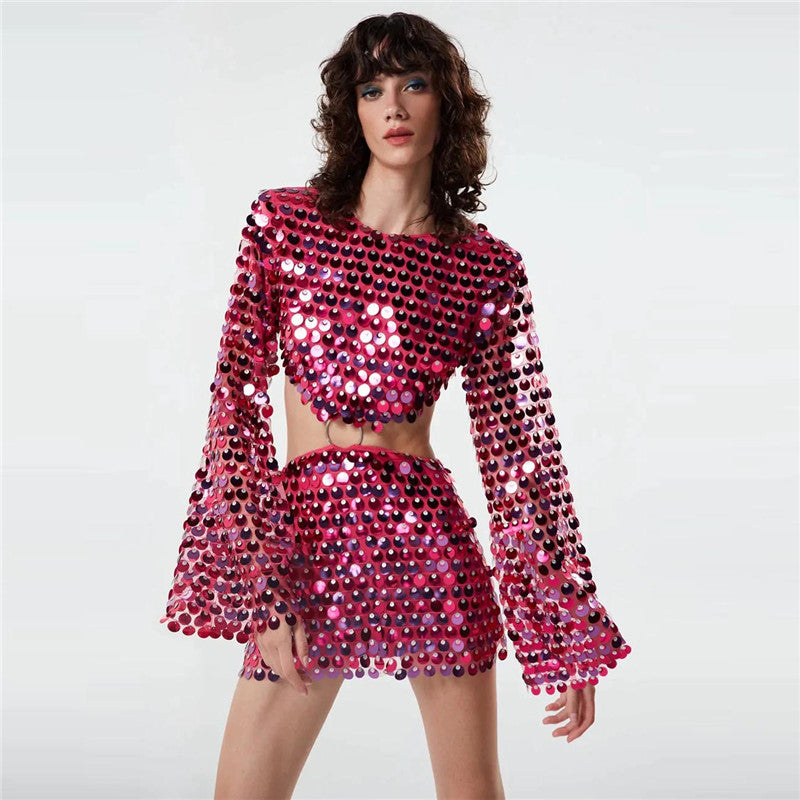 Dames Set – Crop Top & Minirok – Lange Mouwen – Met Pailletten – Party Outfit