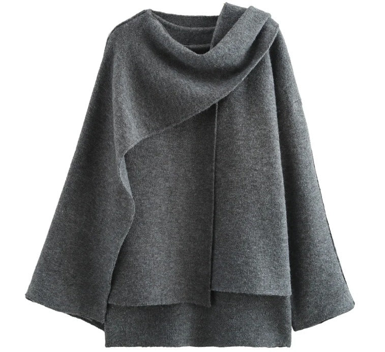 Women's Coat – Oversized Fit – Knitted Texture – Asymmetrical Shawl Collar – Mid-Length