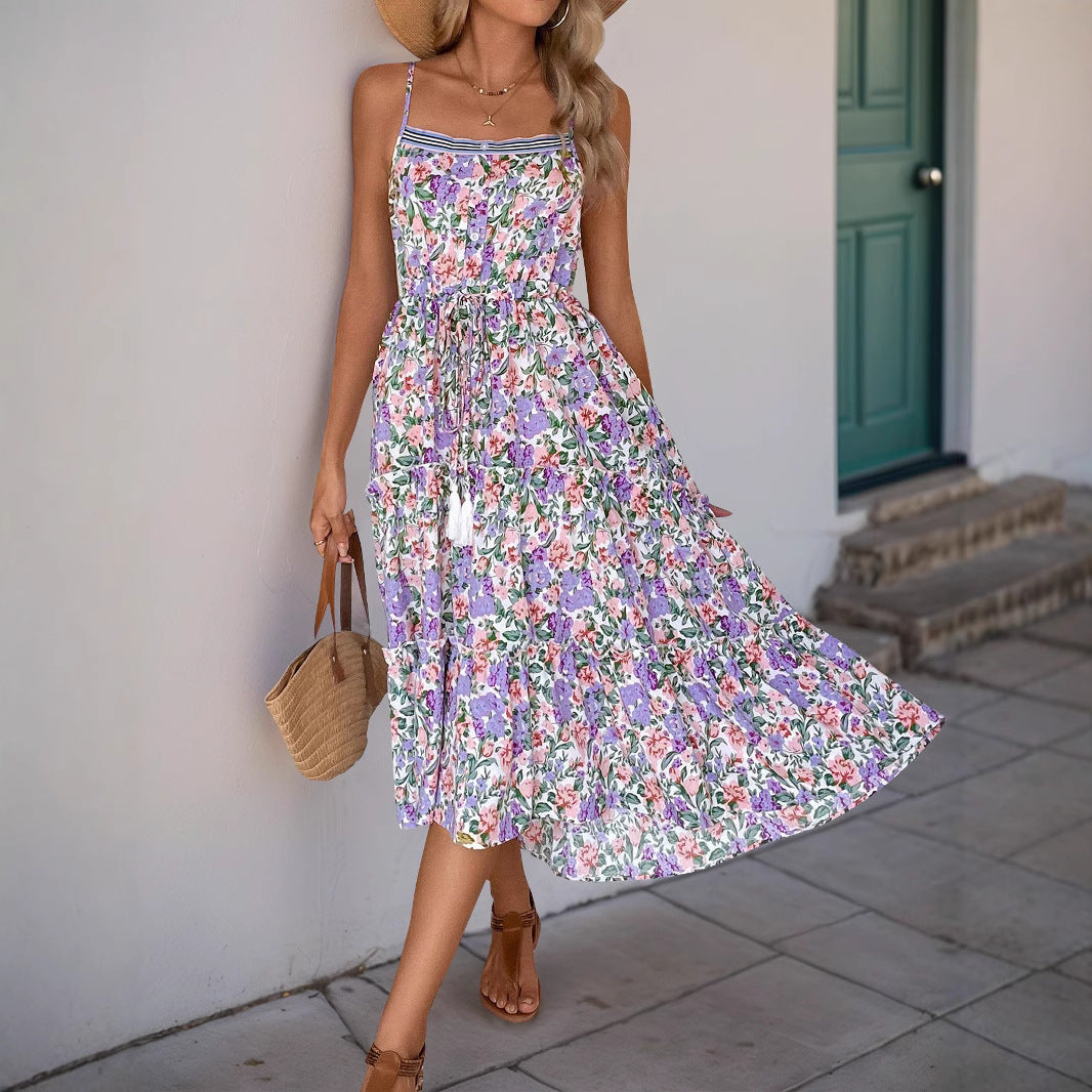 Ladies Dress – Fit and Flare – Floral Print – Ruffled Hem – Adjustable Waist