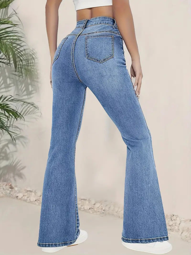 Ladies Flared Jeans – High Waist – Stretch Denim – Full Length – Retro Look