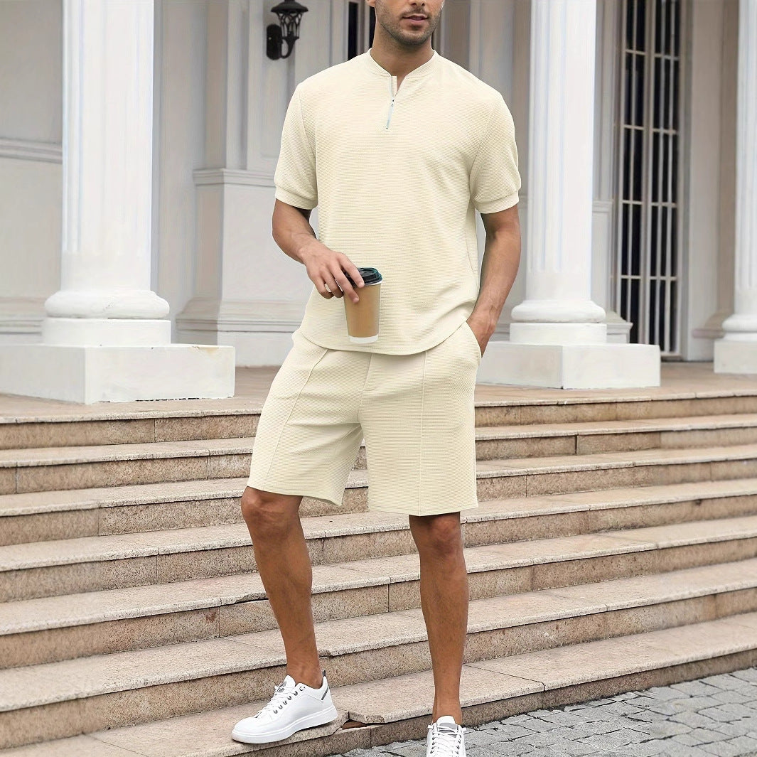 Men's Two-Piece Set – Relaxed Fit – Waffle Texture – Breathable – Short Sleeves & Shorts