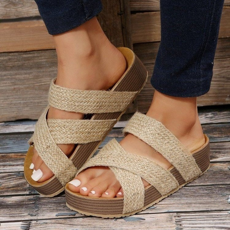 Ladies Sandals – Open Toe – Woven Cross Strap – Slip-on – Comfort Platform Sole