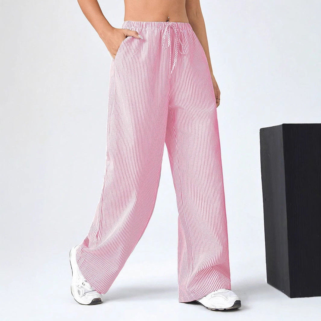 Ladies straight pants – Breathable material – Drawstring waist – Full length – Striped