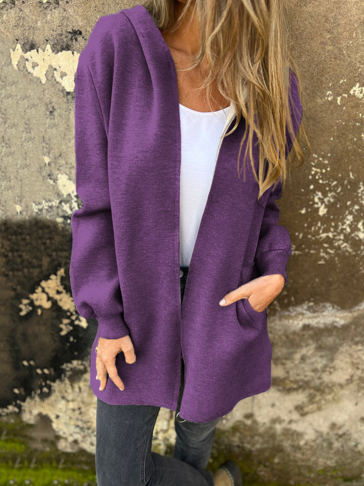 Women's Hooded Jacket – Cotton Blend – Relaxed Fit – Mid-length with Zipper and Hood