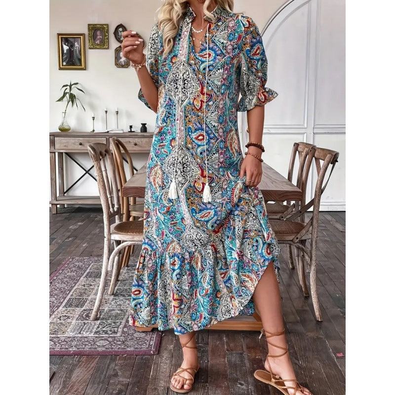 Ladies midi dress – Relaxed fit – Ruffled sleeves – Boho print – Tie neckline
