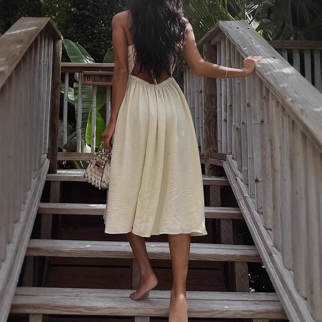 Women's midi dress – V-neck – Spaghetti straps – Cut-out – High slit – Cotton blend