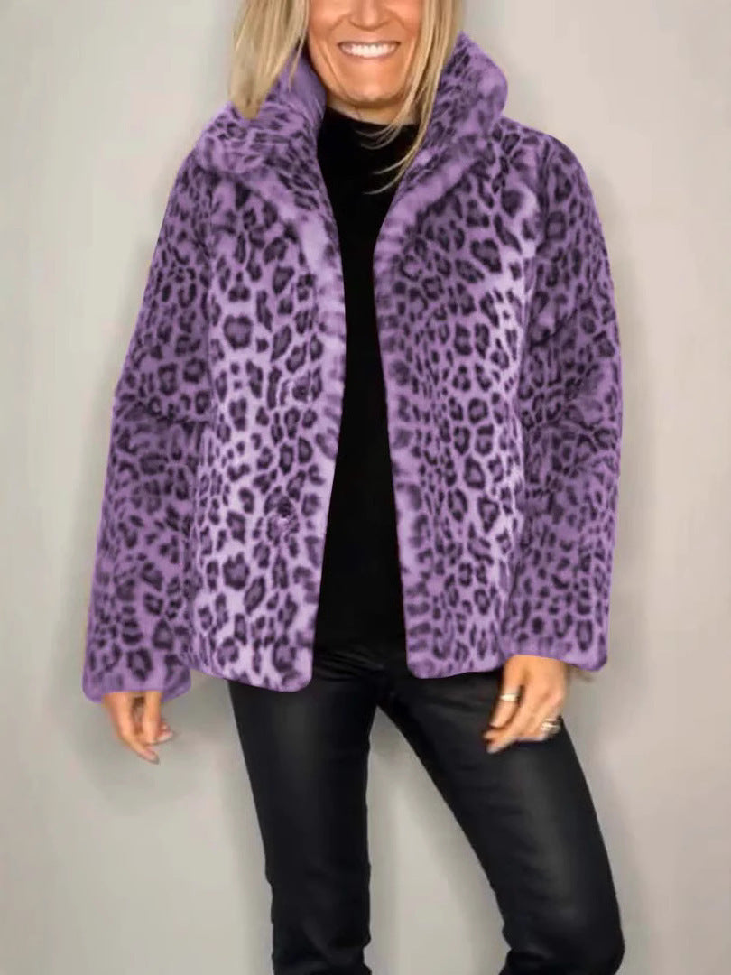 Ladies Coat – Faux Fur – Oversized Fit – Notched Collar – Leopard Print