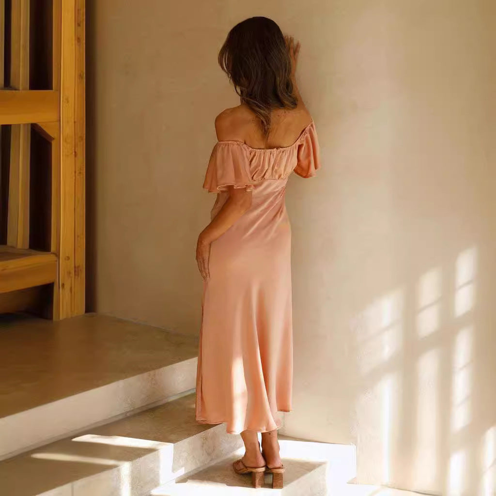 Women's Midi Dress – Slim Fit – Off Shoulder – Luxury Glossy Fabric – V-Back – Side Split