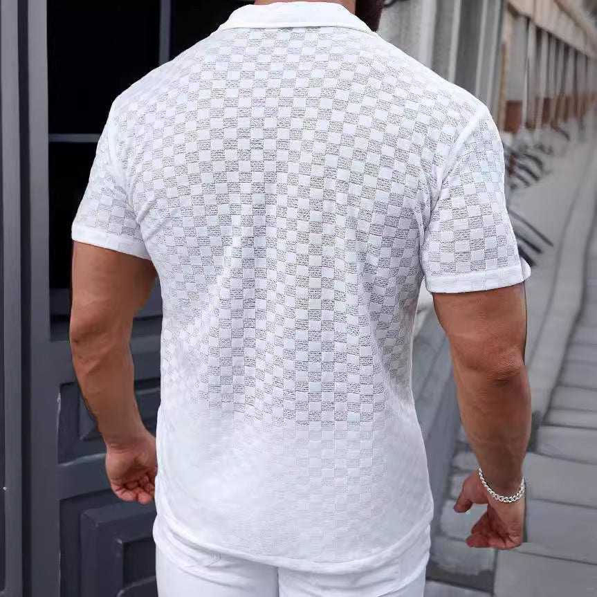 Men's knitted shirt – Relaxed fit – Short sleeve – Button closure – Lace detail