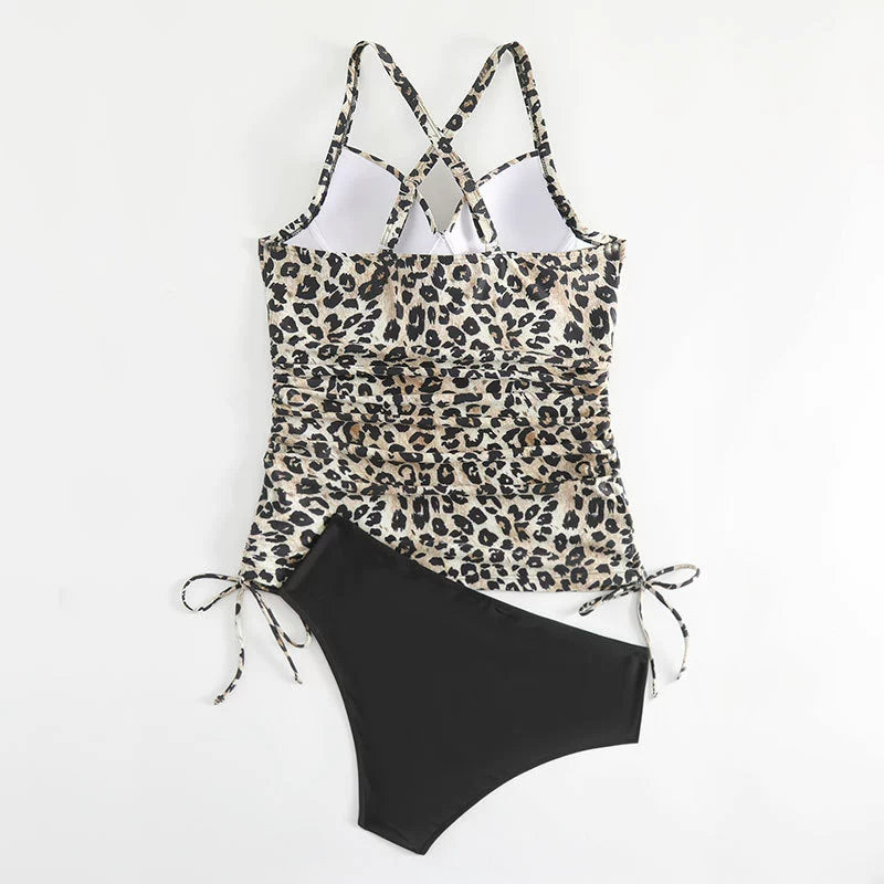 Women’s Tankini Set – Leopard Print Top with Ruched Sides – Cross-Back– Tie Bikini Bottom