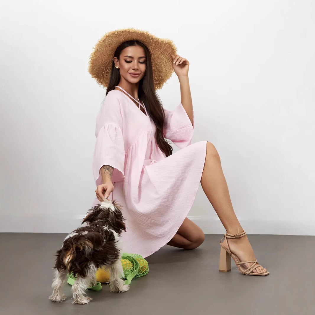 Women's Dress – Loose-Fitting Model – V-Neck with Bow Detail – Breathable Natural Textile