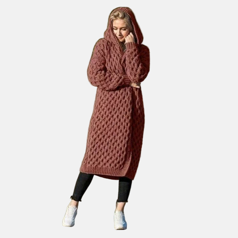 Women's Knitted Cardigan – Relaxed Fit – Long Model – Hood – Cable Knit – Open Front