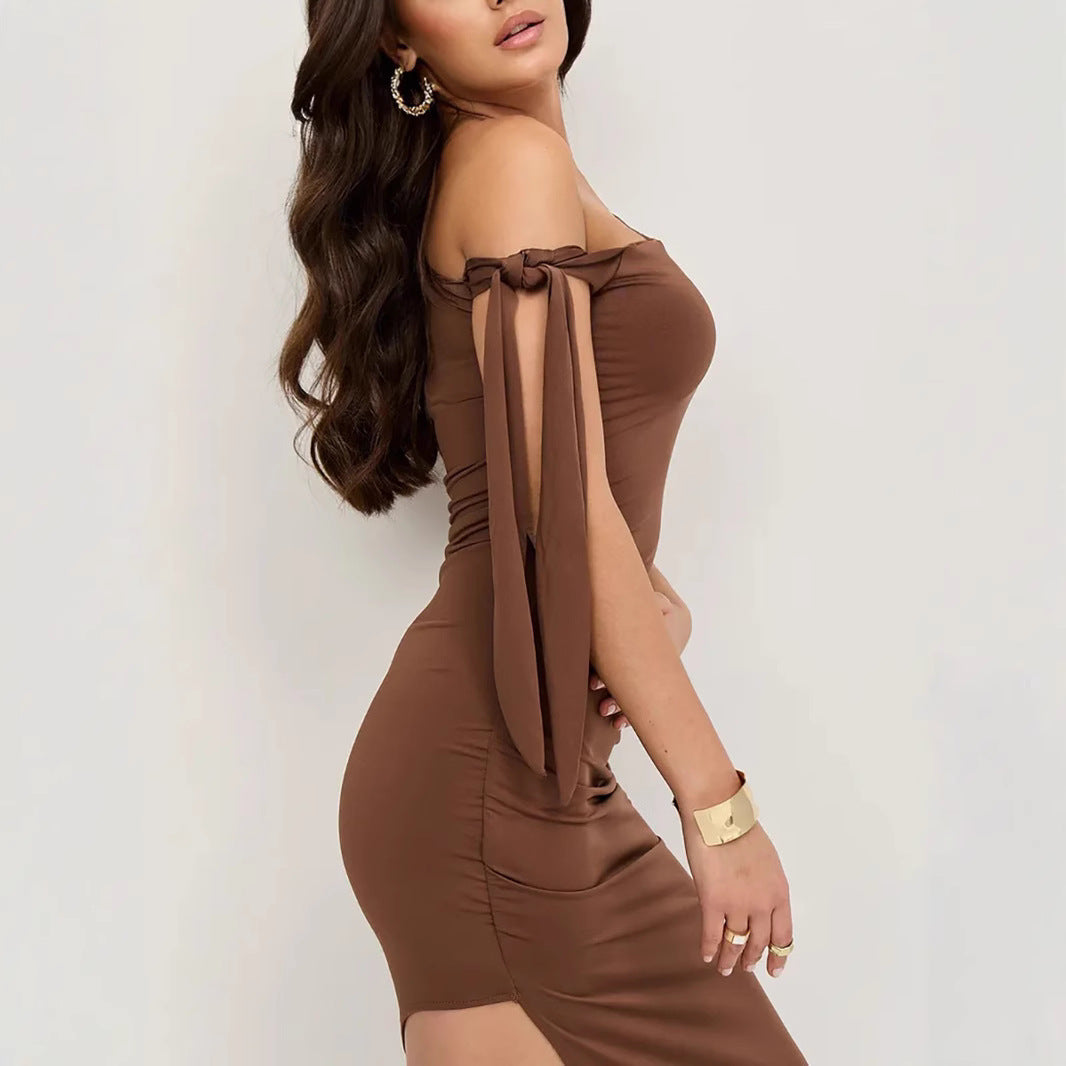 Women's Off-Shoulder Dress – Slim Fit – Asymmetrical Neckline – Ruched Sides – Midi Length
