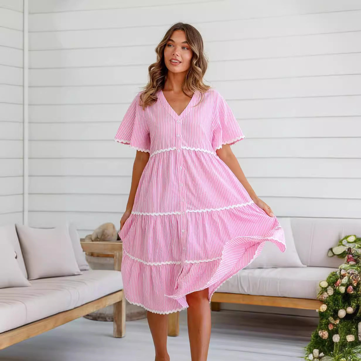 Ladies Dress – V-neck – Loose Fit – Cotton – Button Closure – Lace Details