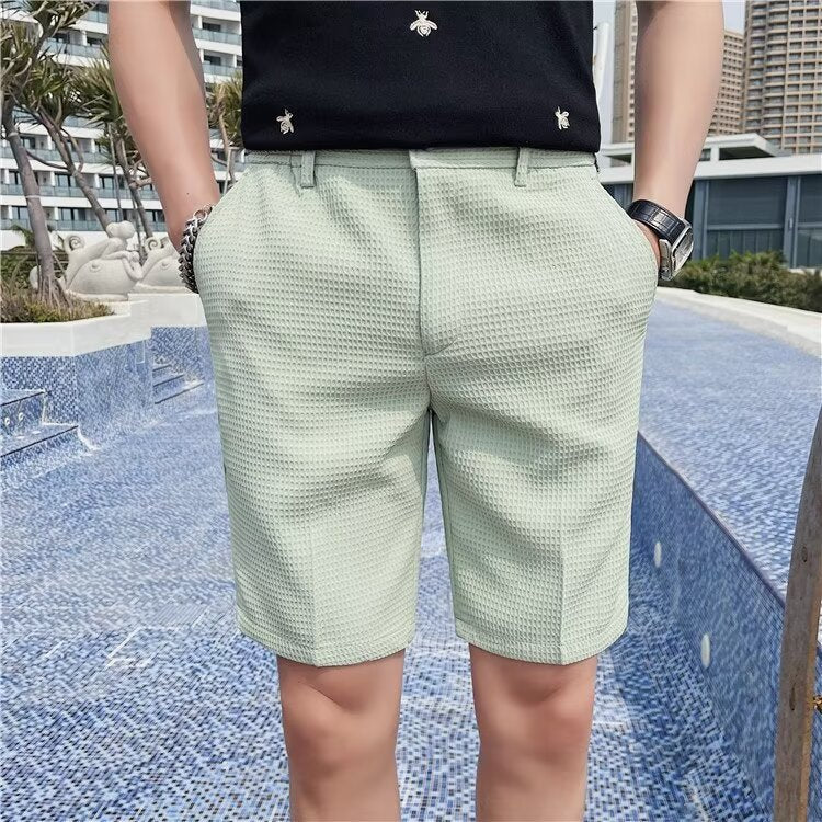 Men's Shorts – Slim Fit – Textured Woven – Button Closure – Knee Length – Pockets