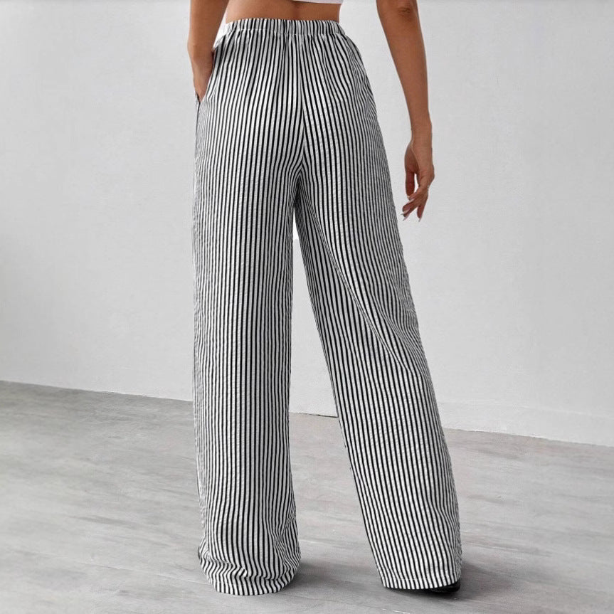 Women's Straight-Leg Pants – Breathable Material – Elastic Waist – Striped Pattern