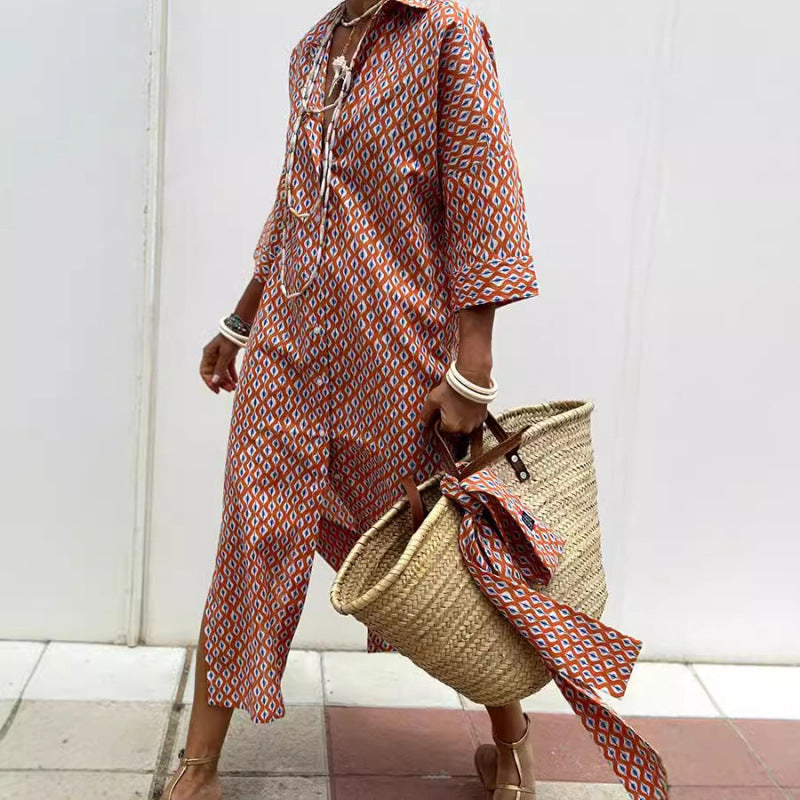 Women's Shirt Dress – Relaxed Fit – Breathable Fabric – Striped – Button Closure – Side Slits