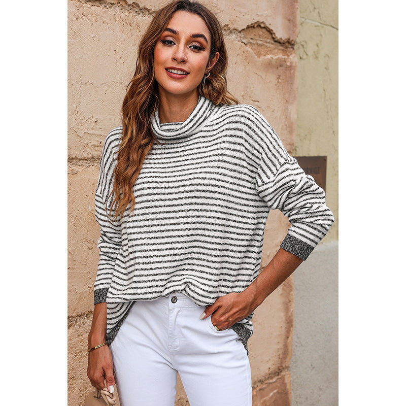 Ladies Turtleneck Sweater – Relaxed Fit – Wool Blend – Striped – Ribbed Edges