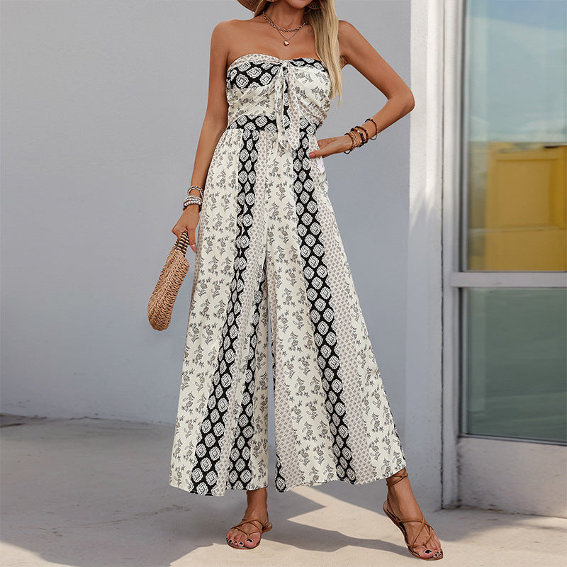 Ladies Jumpsuit – Strapless – Boho Print – Wide Legs – Breathable Cotton Blend