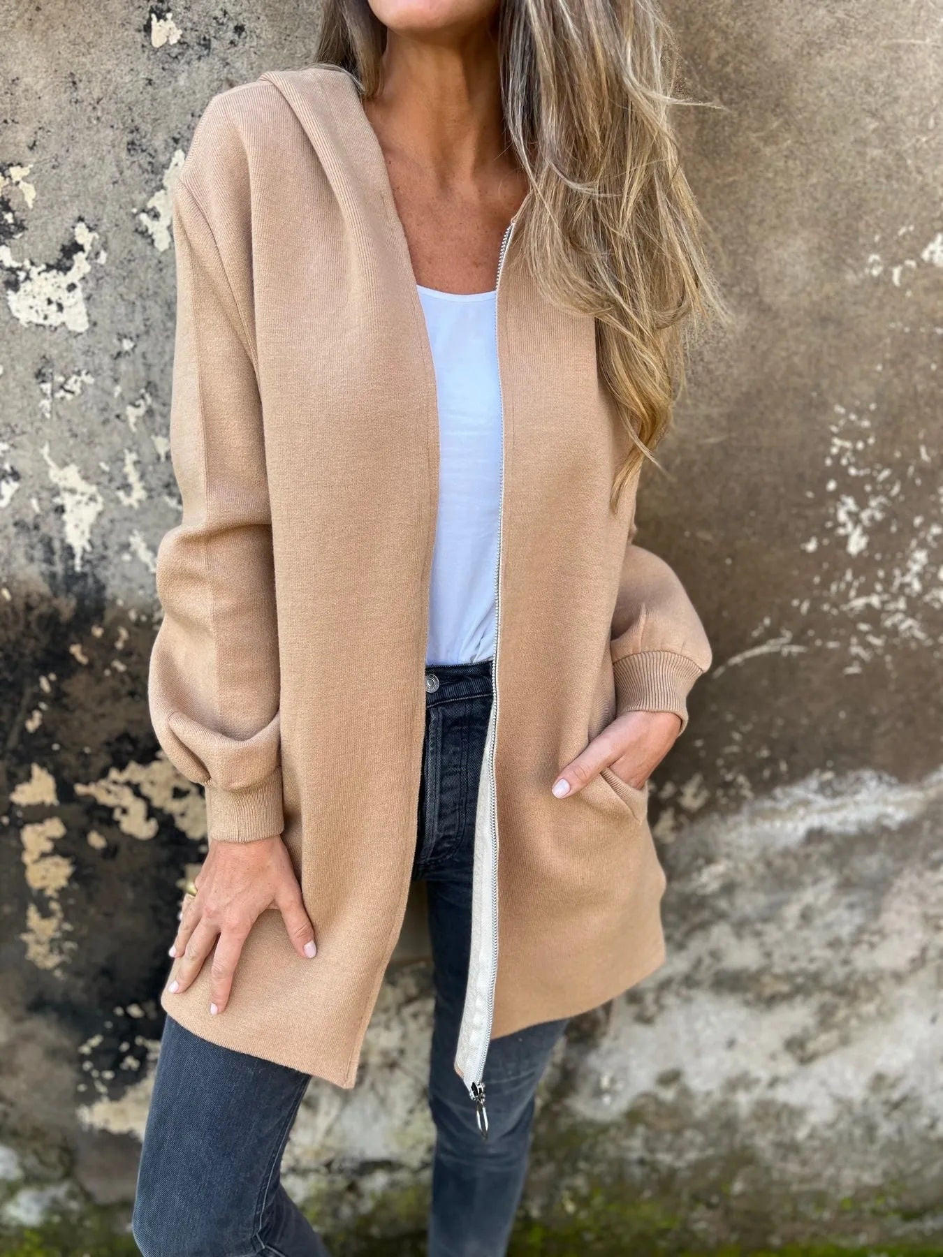 Women's Hooded Jacket – Cotton Blend – Relaxed Fit – Mid-length with Zipper and Hood