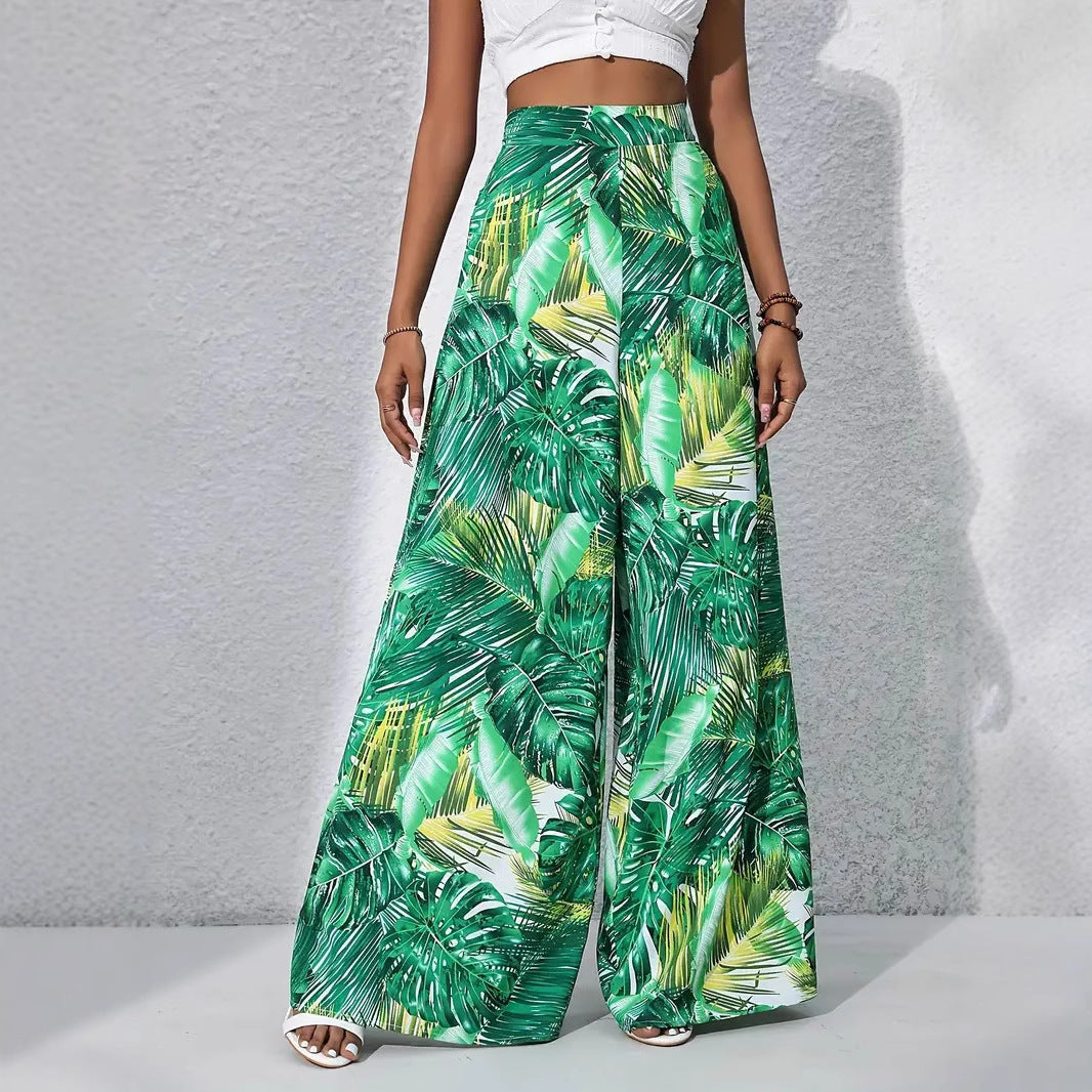 Women's Wide-Leg Pants – High Waist – Lightweight – Floral Print with Leaf Motif