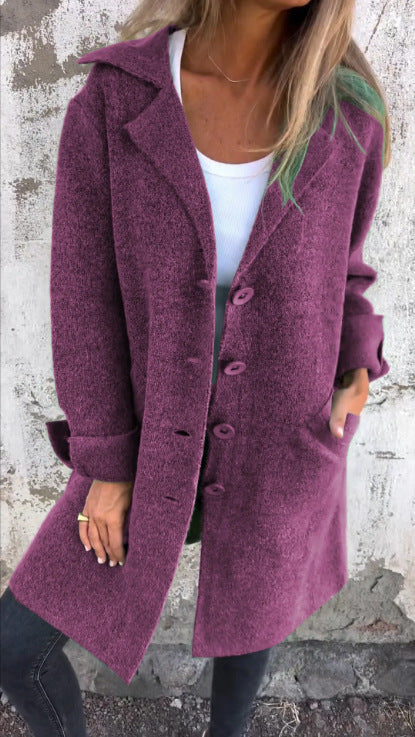 Women's Mid-Length Coat – Relaxed Fit – Wool Look – Notched Lapel – Single Row Button Closure