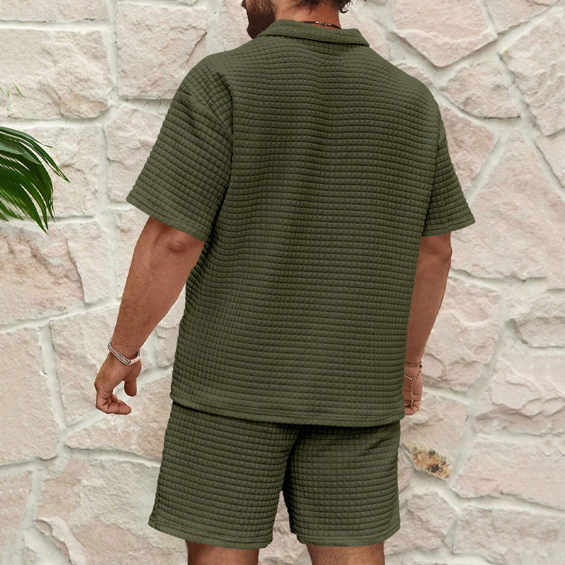 Men's Set – Relaxed Fit – Breathable Waffle Texture – Short Sleeves & Shorts