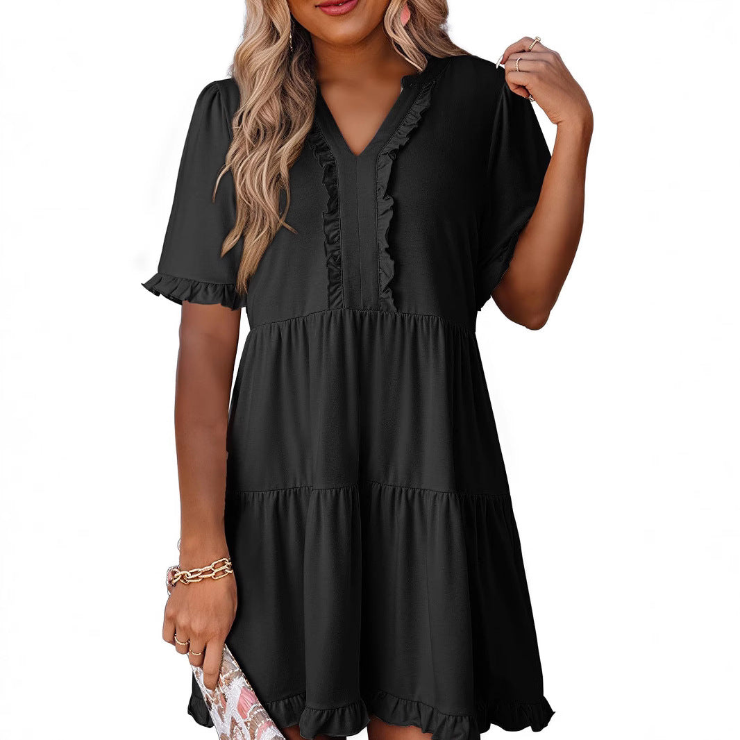 Women's A-line Dress – V-neck – Ruffles – Layered – Lightweight – Short Sleeve