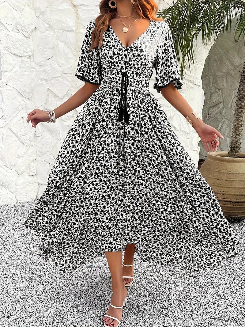 Women's midi dress – V-neck – Floral print – Cotton – Adjustable waist – Split hem