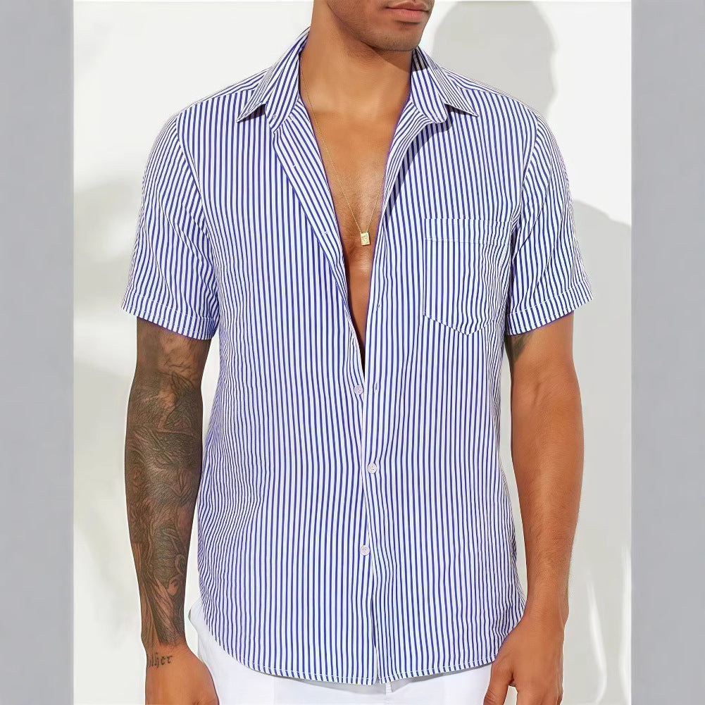Men's Shirt – Relaxed Fit – Breathable Material – Short Sleeve – Vertical Stripes
