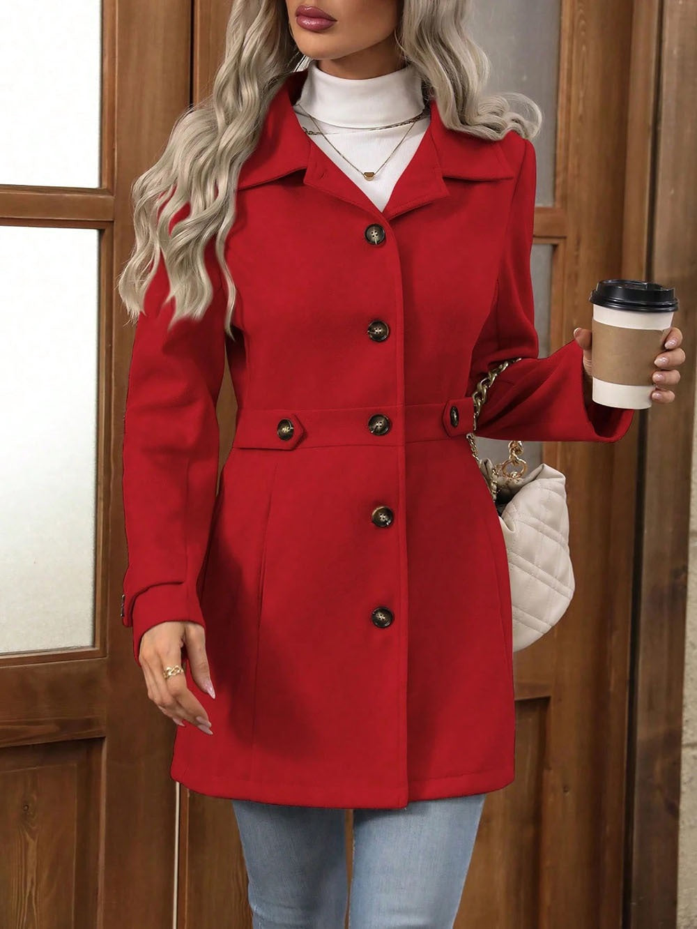 Women's Coat – Slim Fit – Wool – Front Buttons – Notched Lapel – Mid-Length Model