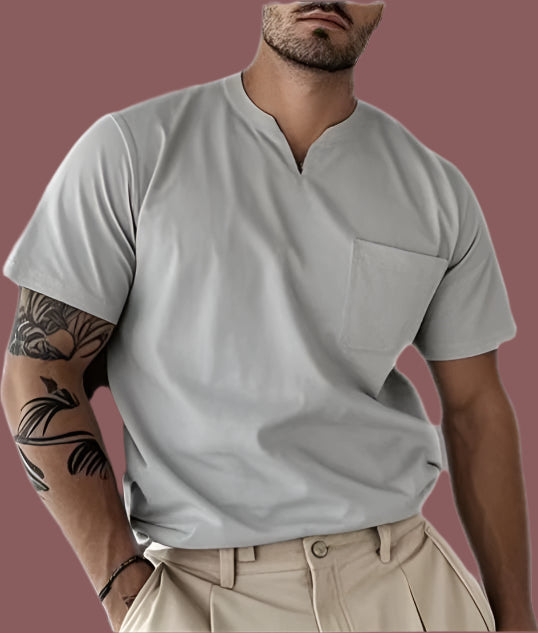 Men's V-neck T-shirt – Slim Fit – Chest Pocket – Breathable Natural Textile
