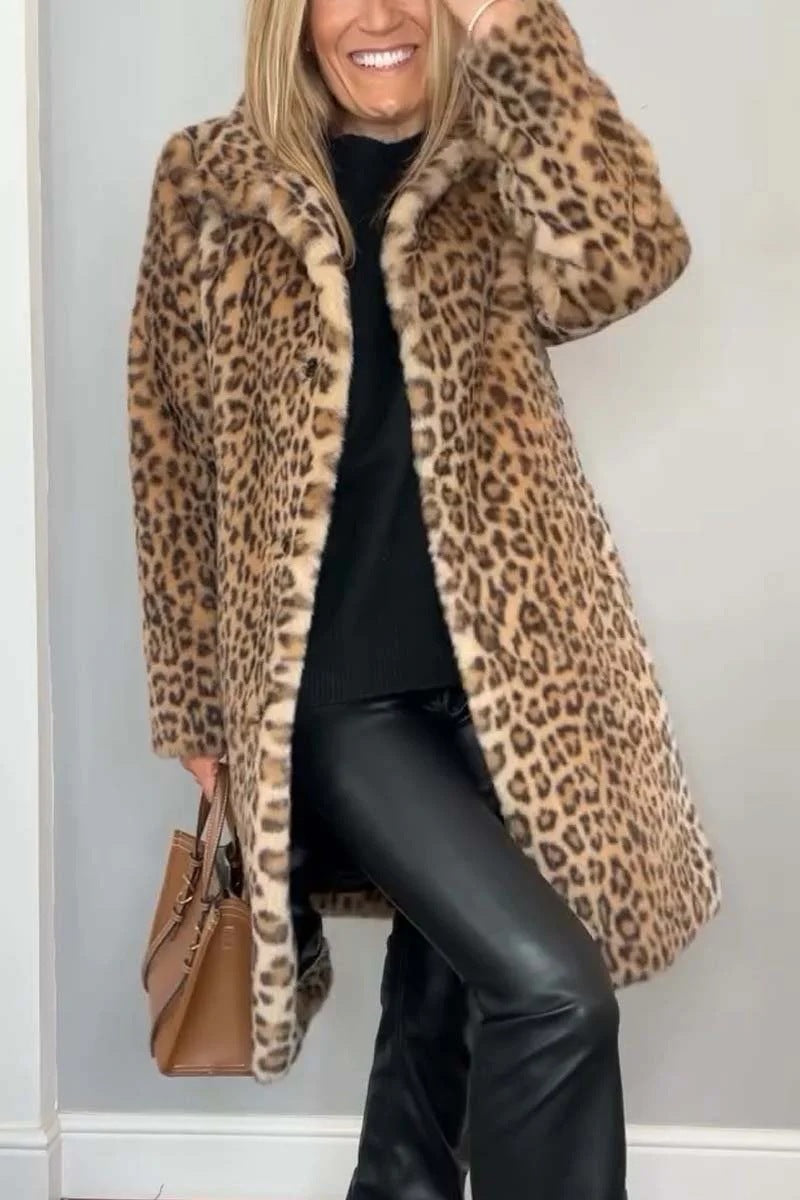 Ladies Coat – Faux Fur – Oversized Fit – Notched Collar – Leopard Print