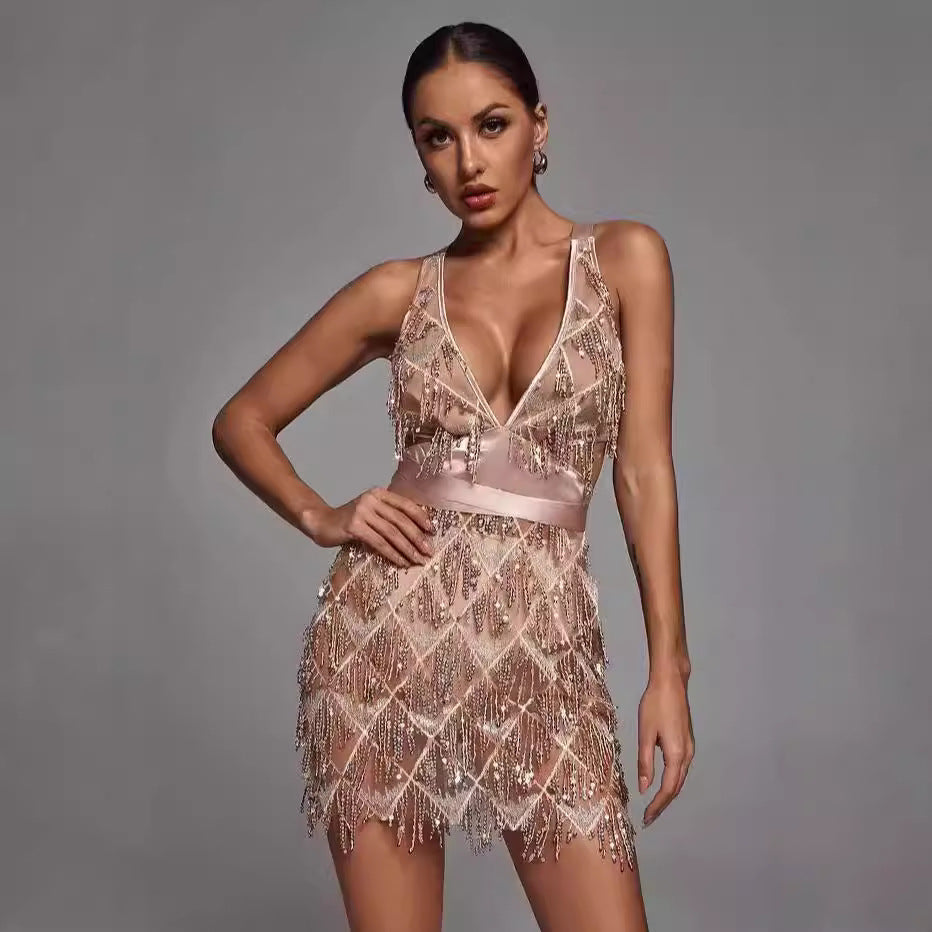 Women's Midi Dress – Figure-Hugging Fit – Sequin Fringes – Deep V-Neck – Festive