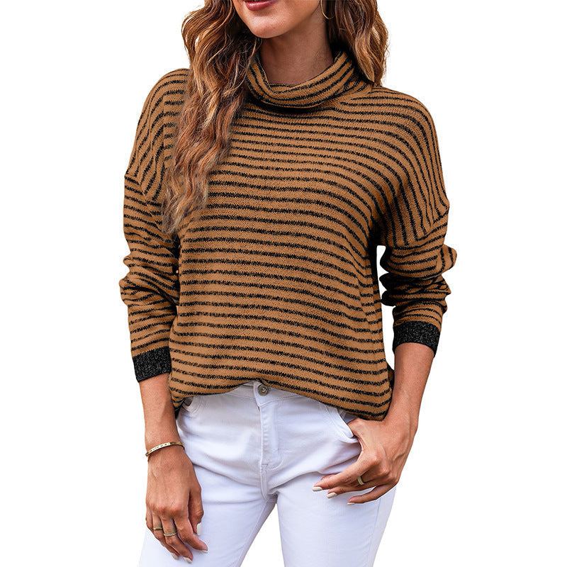 Ladies Turtleneck Sweater – Relaxed Fit – Wool Blend – Striped – Ribbed Edges
