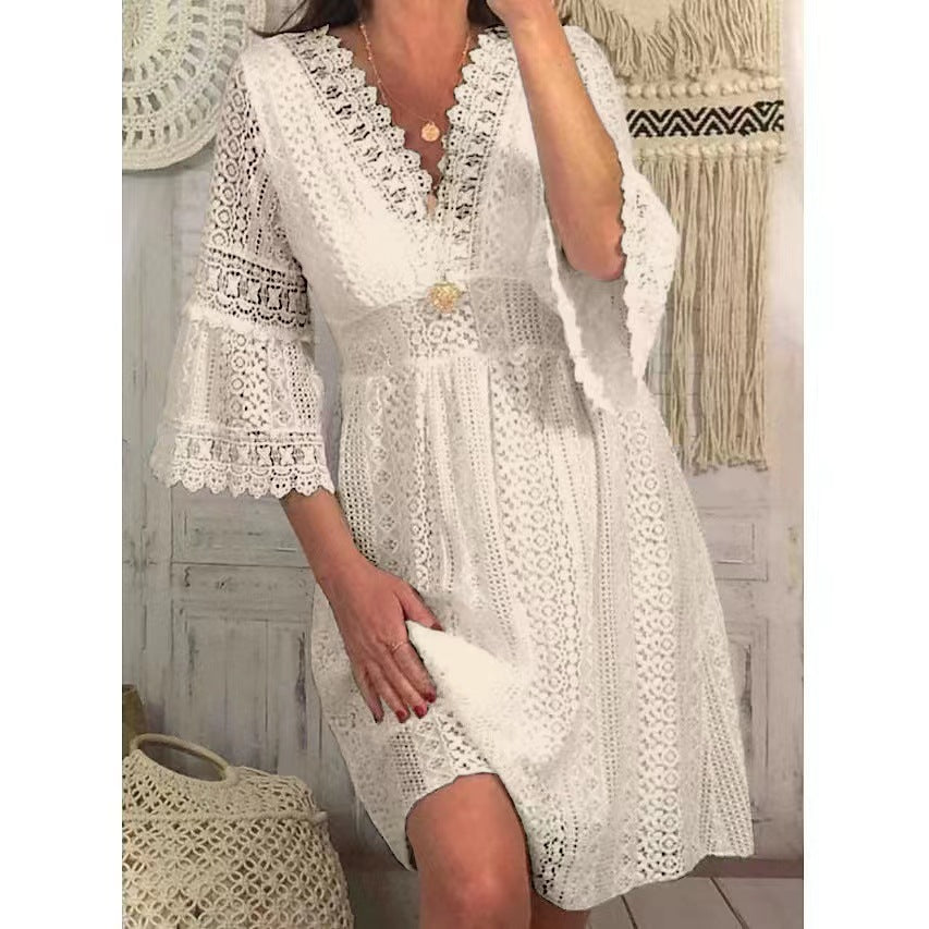 Women's dress – A-line – V-neck – Lace with openwork detail – Trumpet sleeves – Knee-length