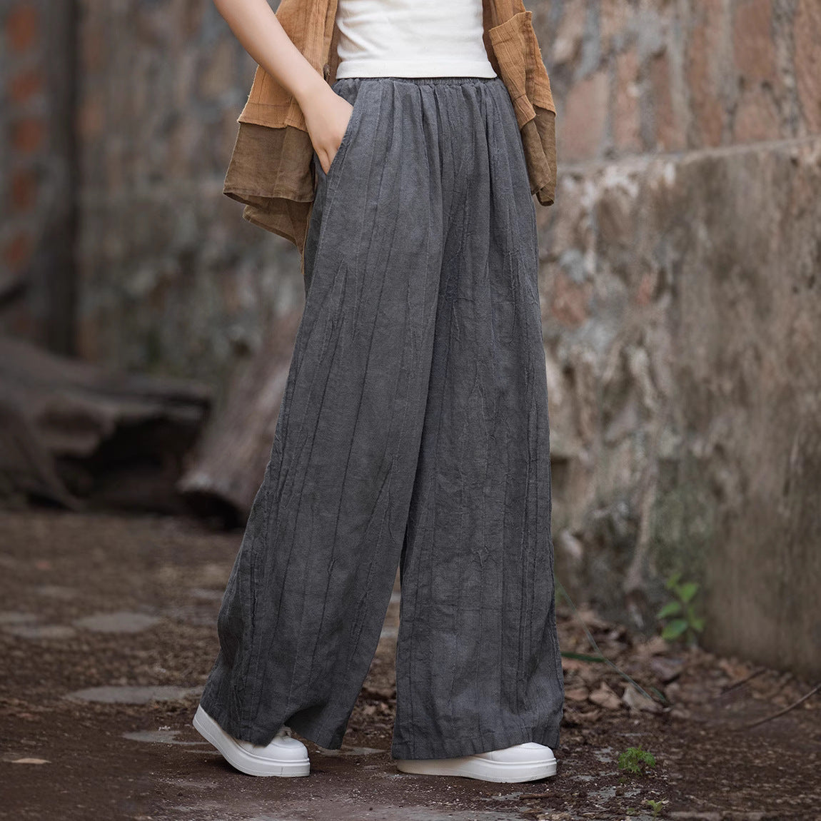 Women's Wide Leg Pants – Relaxed Fit – Elastic Waist – Breathable Natural Fabric