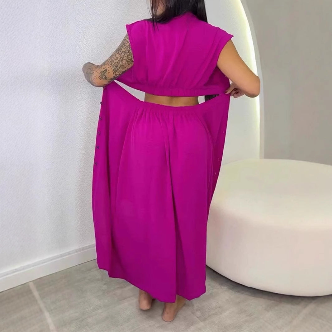 Women's Midi Dress – Slim Fit – Sleeveless – Cut-Out Waist – Button Closure – Turtleneck Collar