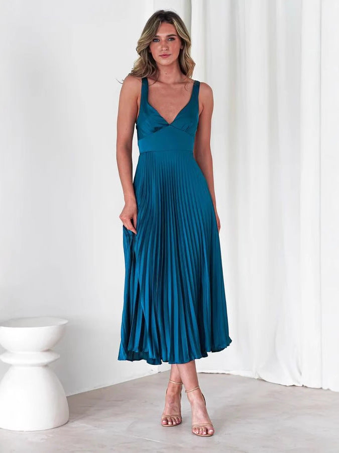 Ladies Midi Dress – Satin-look – V-Neck – Ruched Top – Spaghetti Straps – Pleated Skirt