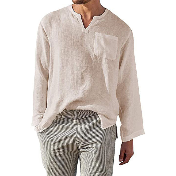 Men's Shirt – Linen Cotton – Relaxed Fit – Band Collar – Long Sleeve Casual