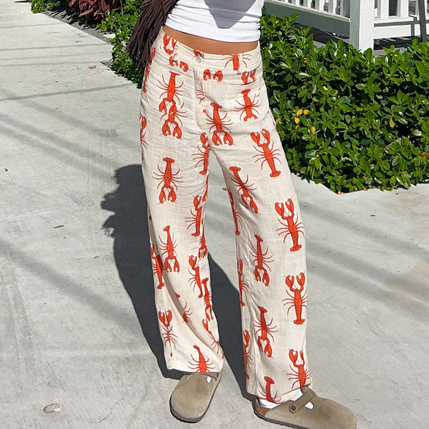 Women's Trousers – Relaxed Fit – Straight Legs – Breathable Fabric – Statement Print