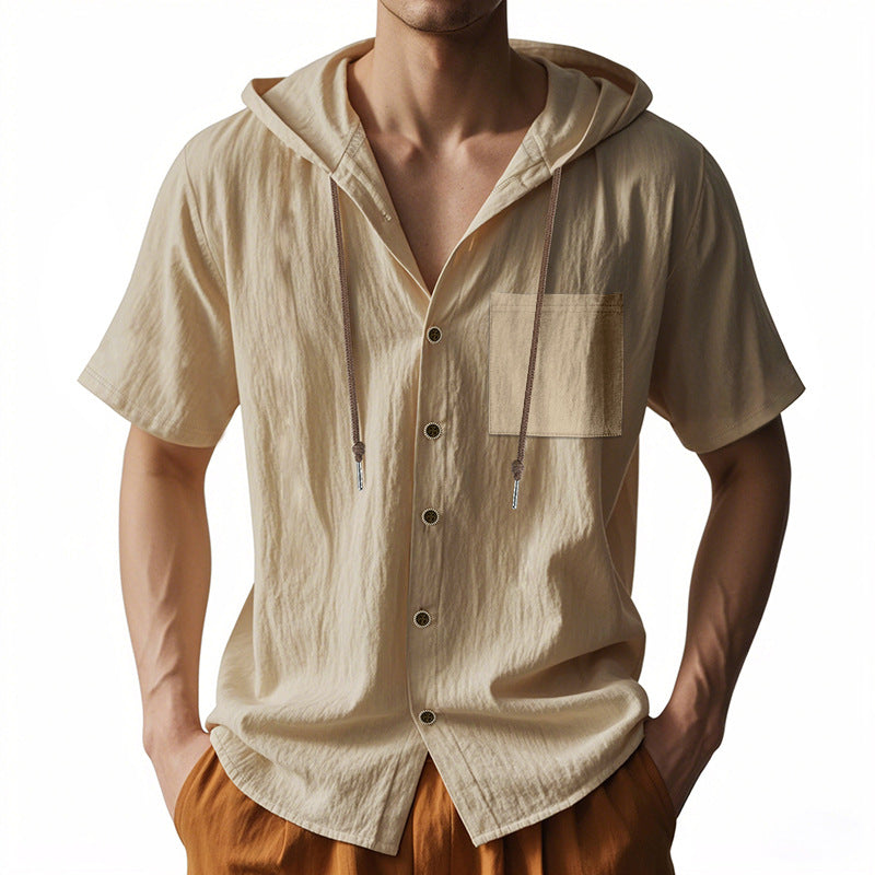 Men's Hooded Shirt – Linen Blend – Relaxed Fit – Short Sleeve – Button Closure Casual