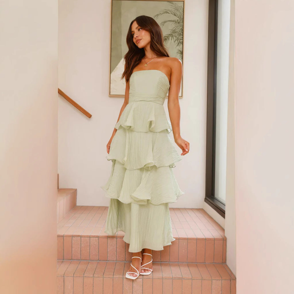 Women's strapless dress – fitted bodice – midi A-line – airy ruffle tiers