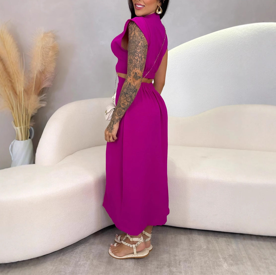 Women's Midi Dress – Slim Fit – Sleeveless – Cut-Out Waist – Button Closure – Turtleneck Collar