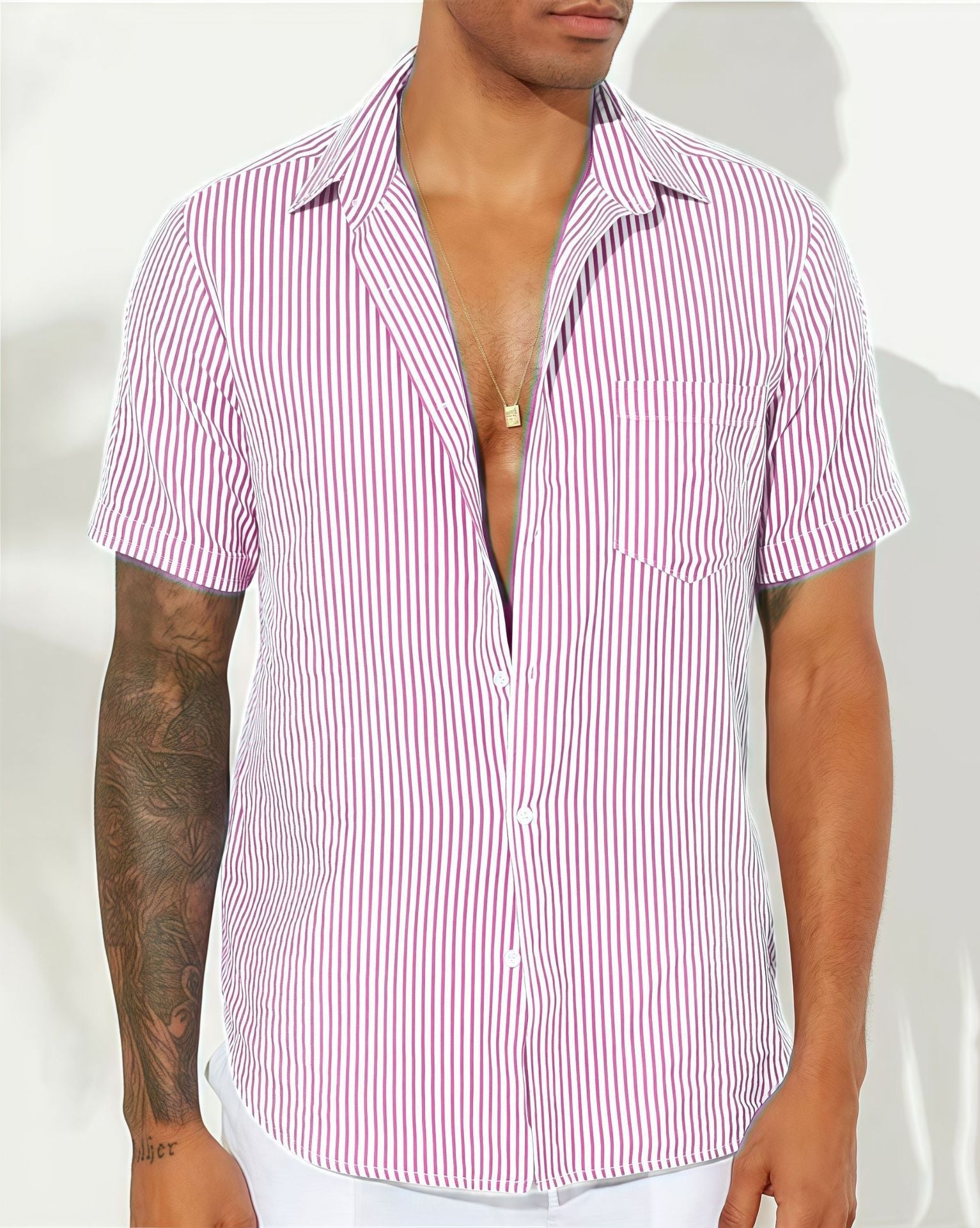 Men's Shirt – Relaxed Fit – Breathable Material – Short Sleeve – Vertical Stripes